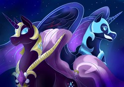 Size: 4092x2893 | Tagged: safe, artist:mantarwolf, nightmare moon, nightmare rarity, alicorn, pony, unicorn, g4, corrupted, duality, evil, night, self ponidox, stars, teeth