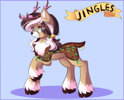 Size: 3349x2713 | Tagged: safe, artist:airiniblock, oc, oc only, oc:jingles, deer, reindeer, rcf community, blue background, commission, deer oc, female, high res, raised hoof, simple background, solo