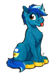 Size: 1742x2480 | Tagged: safe, artist:lupiarts, oc, oc only, pony, unicorn, commission, male, signature, simple background, sitting, solo, tongue out, traditional art, white background