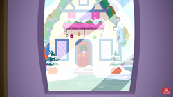 Size: 1334x750 | Tagged: safe, screencap, rainbow dash, g4, my little pony best gift ever, house, implied rainbow dash, snow, window