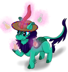 Size: 2480x2643 | Tagged: safe, artist:lizardwithhat, oc, oc only, oc:glimmershine, kirin, g4, sounds of silence, glowing horn, hat, high res, hooves, horn, kirin oc, magic, magic aura, potions, scales, simple background, solo, telekinesis, transparent background