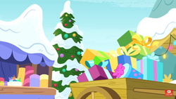 Size: 1334x750 | Tagged: safe, screencap, g4, my little pony best gift ever, hearth's warming tree, no pony, present, snow, tree, wagon