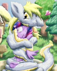 Size: 1584x1963 | Tagged: safe, artist:firefanatic, derpy hooves, twilight sparkle, alicorn, lamia, original species, pony, g4, :p, coiling, heart, house, hug, lamiafied, nervous, one eye closed, silly, snerpy, species swap, sweat, tongue out, tree, twilight sparkle (alicorn), wink