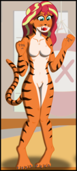 Size: 945x2089 | Tagged: safe, artist:physicrodrigo, sunset shimmer, big cat, tiger, anthro, digitigrade anthro, g4, barbie doll anatomy, belly button, breasts, claws, commission, dojo, fangs, featureless breasts, female, implied transformation, nudity, punching bag, shocked expression, solo, species swap, sunset tiger, surprised