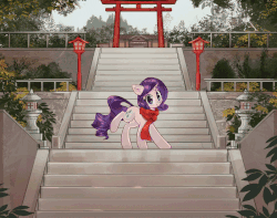 Size: 800x630 | Tagged: safe, artist:mirroredsea, rarity, pony, unicorn, g4, animated, clothes, female, gif, horn, japan, lantern, mare, raised hoof, scarf, smiling, solo, stairs, standing, temple, torii