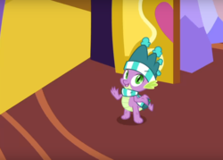 Size: 1877x1347 | Tagged: safe, screencap, spike, dragon, g4, my little pony best gift ever, clothes, cropped, hat, male, scarf, solo, striped scarf, winged spike, wings, winter outfit