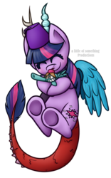 Size: 550x880 | Tagged: safe, artist:alittleofsomething, twilight sparkle, oc, draconequus, pony, g4, cuddling, discord sparkle, draconequified, duo, eyes closed, female, fez, hat, hug, micro, mismatched horns, simple background, smiling, species swap, transparent background, twikonequus