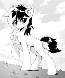 Size: 818x969 | Tagged: dead source, safe, artist:hioshiru, oc, oc only, pony, unicorn, blushing, cloud, ear piercing, female, grass, grayscale, looking away, manga, mare, monochrome, piercing, side view, solo