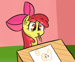 Size: 1302x1081 | Tagged: safe, artist:artiks, apple bloom, pear butter, earth pony, pony, g4, apple bloom's bow, bow, feels, female, hair bow, mare, mouth hold, pencil, solo