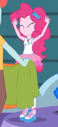 Size: 249x540 | Tagged: safe, screencap, pinkie pie, equestria girls, equestria girls specials, g4, my little pony equestria girls: better together, my little pony equestria girls: rollercoaster of friendship, arms in the air, clothes, cropped, eyes closed, female, geode of sugar bombs, pantyhose, shoes, smiling