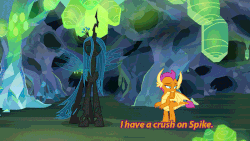 Size: 800x450 | Tagged: safe, edit, edited screencap, screencap, ocellus, queen chrysalis, smolder, changedling, changeling, changeling queen, dragon, g4, what lies beneath, animated, cave, dragoness, duo, female, gif, implied spike, implied spolder, male, nightmare cave, queen chrysellus, ship:spolder, shipping, straight
