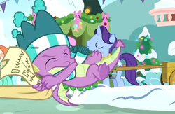 Size: 584x380 | Tagged: safe, screencap, november rain, spike, dragon, g4, my little pony best gift ever, claws, clothes, cropped, eyes closed, friendship student, hat, male, scarf, solo focus, striped scarf, tail, winged spike, wings, winter outfit