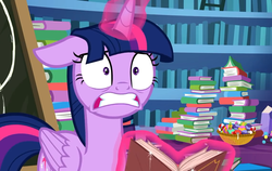 Size: 1140x720 | Tagged: safe, screencap, twilight sparkle, alicorn, pony, best gift ever, g4, book, candy, chalkboard, female, food, glowing horn, horn, library, magic, magic aura, mare, solo, stressed, telekinesis, twilight sparkle (alicorn), twilight's castle, twilight's castle library, twilynanas, wings
