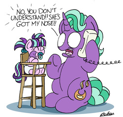 Size: 1826x1731 | Tagged: safe, artist:bobthedalek, firelight, starlight glimmer, pony, unicorn, g4, :t, baby, baby pony, babylight glimmer, chair, cute, dialogue, diaper, father and daughter, female, filly, filly starlight glimmer, foal, frown, glimmerbetes, got your nose, highchair, hoof hold, horrified, hug, literal, male, modular, no nose, nose, not hyperbole, open mouth, pacifier, phone, shocked, simple background, stallion, text, underhoof, wat, white background, wide eyes, yelling, younger