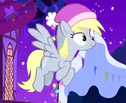 Size: 303x247 | Tagged: safe, screencap, derpy hooves, pegasus, pony, best gift ever, g4, background pony, clothes, female, flying, hat, mare, smiling, solo, wings, winter outfit