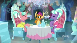 Size: 1920x1080 | Tagged: safe, screencap, smolder, stepford ponies, dragon, earth pony, pony, unicorn, g4, what lies beneath, clothes, discovery family, discovery family logo, dragoness, dress, female, logo, mare, nightmare cave, ponytail, sitting, tea party, trio
