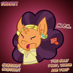 Size: 768x768 | Tagged: safe, artist:snakeythingy, saffron masala, oc, oc:sketchy dupe, g4, dialogue, gradient background, mane, mlem, silly, story included, tongue out