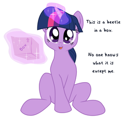 Size: 3000x3000 | Tagged: safe, artist:aaronmk, twilight sparkle, beetle, g4, box, high res, levitation, looking at you, ludwig wittgenstein, magic, simple background, smiling, talking, telekinesis, text, vector, white background