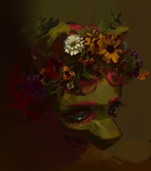 Size: 1280x1451 | Tagged: safe, artist:yanisfucker, fluttershy, pony, g4, abstract background, bust, female, flower, flower in hair, portrait, solo