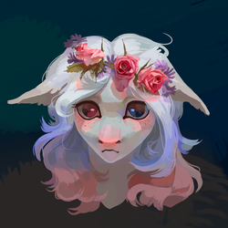 Size: 1024x1024 | Tagged: safe, artist:yanisfucker, oc, oc only, pony, abstract background, bust, floppy ears, flower, flower in hair, freckles, looking at you, portrait, solo