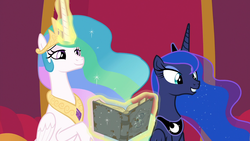 Size: 1920x1080 | Tagged: safe, screencap, princess celestia, princess luna, alicorn, pony, g4, shadow play, book, canterlot, cute, ethereal mane, female, magic, mare, royal sisters, sisters, smiling, starry mane, starswirl's book, telekinesis, throne room