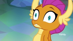 Size: 1920x1080 | Tagged: safe, screencap, smolder, dragon, g4, what lies beneath, discovery family, discovery family logo, dragoness, female, logo, solo, thousand yard stare, wide eyes