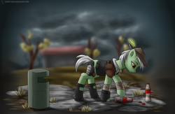 Size: 2300x1500 | Tagged: safe, artist:6editor9, artist:shido-tara, oc, oc only, earth pony, pony, fallout equestria, bandage, bottle, clothes, cloud, cloudy, ear fluff, hat, male, quill, scar, solo, stallion, tree, wasteland