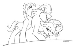 Size: 1200x764 | Tagged: safe, artist:php187, rarity, oc, oc:thunder, pony, unicorn, g4, bedroom eyes, canon x oc, female, fetish, mare, monochrome, rariprey, same size vore, swallowing, vore, willing vore