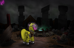 Size: 2000x1300 | Tagged: safe, artist:6editor9, artist:shido-tara, oc, oc only, oc:puppysmiles, earth pony, pony, fallout equestria, fallout equestria: pink eyes, cloud, cloudy, fanfic, fanfic art, female, filly, foal, hazmat suit, hooves, pink cloud (fo:e), route 52, saddle bag, salt cube city, solo, wasteland