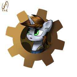 Size: 1500x1500 | Tagged: safe, artist:6editor9, artist:shido-tara, oc, oc only, oc:littlepip, pony, unicorn, fallout equestria, abstract background, bust, clothes, fanfic, fanfic art, female, gears, horn, jumpsuit, mare, portrait, solo, vault suit
