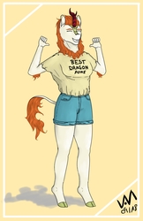 Size: 1750x2700 | Tagged: safe, artist:0-van-0, autumn blaze, kirin, anthro, unguligrade anthro, g4, sounds of silence, best kirin, clothes, eyes closed, female, grin, pointing at self, shirt, short, shorts, smiling, solo