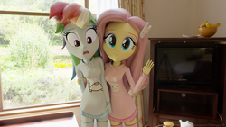 Size: 3840x2160 | Tagged: safe, artist:efk-san, fluttershy, rainbow dash, equestria girls, g4, 3d, asdfmovie, asdfmovie5, blender, blender cycles, blushing, clothes, cute, dashabetes, duo, female, high res, indoors, looking at you, mine turtle, open mouth, shyabetes, smiling, television, tripod, wallpaper, window