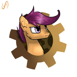 Size: 1500x1500 | Tagged: safe, artist:6editor9, artist:shido-tara, scootaloo, pegasus, pony, g4, abstract background, bust, chest fluff, ear fluff, female, filly, foal, gears, portrait