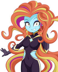Size: 992x1231 | Tagged: safe, artist:rosemile mulberry, mane-iac, sassy saddles, human, equestria girls, g4, antagonist, bodysuit, equestria girls-ified, equestrian city, female, looking at you, simple background, smiling, smiling at you, solo, villainess, white background