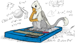 Size: 2154x1234 | Tagged: safe, artist:tinibirb, artist:xeirla, oc, oc only, oc:der, griffon, calculator, colored, equation, male, math, micro, sketch, solo