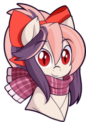 Size: 1539x2190 | Tagged: safe, artist:xwhitedreamsx, oc, oc only, oc:sweet velvet, bat pony, pony, bat pony oc, bow, clothes, cute, female, hair bow, mare, red eyes, scarf, simple background, smiling, solo, transparent background