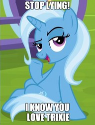 Size: 1000x1310 | Tagged: safe, edit, edited screencap, screencap, trixie, pony, unicorn, g4, road to friendship, cropped, female, image macro, mare, meme, open mouth, scheming, sitting, solo, stupid sexy trixie, text