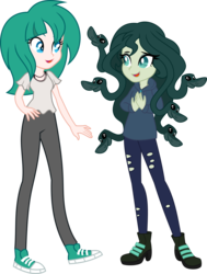 Size: 1024x1354 | Tagged: safe, artist:limedazzle, oc, oc only, oc:medusa, oc:nikita (wubcakeva), gorgon, snake, equestria girls, g4, boots, clothes, commission, converse, equestria girls-ified, high heel boots, medusa, open mouth, pants, shoes, show accurate, simple background, sneakers, transparent background