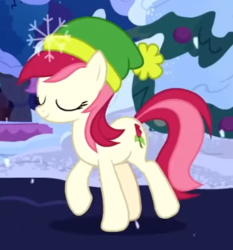 Size: 358x384 | Tagged: safe, screencap, roseluck, earth pony, pony, g4, my little pony best gift ever, background pony, clothes, cropped, cutie mark, eyes closed, female, hat, mare, snow, solo, walking, winter outfit