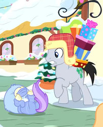 Size: 576x708 | Tagged: safe, screencap, alula, lucky clover, peach fuzz, pluto, earth pony, pegasus, pony, best gift ever, g4, a christmas story, background pony, christmas, christmas tree, clothes, cropped, cutie mark, duo, female, filly, gift wrapped, hat, holiday, jacket, male, offscreen character, plant, raised hoof, shocked, snowsuit, stallion, tree, winter outfit