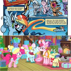 Size: 2896x2896 | Tagged: safe, idw, alice the reindeer, aurora the reindeer, bori the reindeer, diamond tiara, pinkie pie, rainbow dash, silver spoon, deer, reindeer, g4, my little pony best gift ever, spoiler:comicholiday2015, clothes, cloven hooves, colored hooves, deer magic, glowing antlers, grove of the gift givers, hat, high res, magic, reindeer dash, reindeerified, scarf, telekinesis, the gift givers, winter outfit