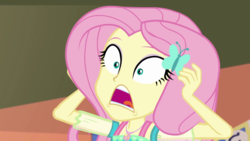 Size: 1280x720 | Tagged: safe, screencap, fluttershy, equestria girls, equestria girls series, fluttershy's butterflies, g4, announcer, female, fluttershy's butterflies: rainbow dash, geode of fauna, open mouth, shocked, shocked expression, shrunken pupils, solo