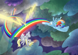 Size: 900x641 | Tagged: safe, artist:corvoblu, derpy hooves, rainbow dash, pegasus, pony, g4, duo, female, flying, lightning, looking back, mare, rainbow, rescue, upside down