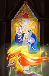 Size: 778x1200 | Tagged: safe, artist:bluecrow, part of a set, daybreaker, princess celestia, alicorn, pony, g4, armor, clothes, dress, duality, eyes closed, female, fire, jewelry, mare, rearing, regalia, stained glass