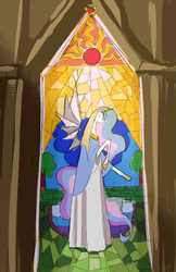 Size: 778x1200 | Tagged: safe, artist:bluecrow, part of a set, princess celestia, alicorn, pony, g4, bipedal, clothes, dress, eyes closed, female, jewelry, mare, rearing, regalia, solo, stained glass