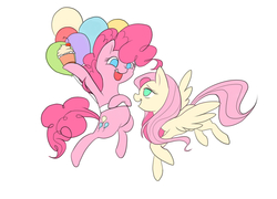 Size: 1500x1080 | Tagged: safe, artist:bluecrow, fluttershy, pinkie pie, earth pony, pegasus, pony, g4, balloon, cupcake, duo, female, floating, flying, food, mare, simple background, then watch her balloons lift her up to the sky, white background