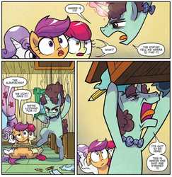 Size: 974x1001 | Tagged: safe, artist:agnesgarbowska, idw, official comic, apple bloom, jagged clamp, scootaloo, sweetie belle, g4, my little pony: ponyville mysteries, spoiler:comic, spoiler:comicponyvillemysteries5, cutie mark crusaders, dreamworks face, shrunken pupils