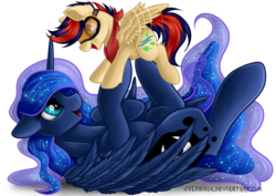 Size: 1600x1131 | Tagged: safe, artist:julunis14, princess luna, oc, oc:zephyr leaf, alicorn, pegasus, pony, g4, colt, commission, cute, digital art, duo, female, flapping, goggles, happy, looking at each other, lunabetes, male, mare, ocbetes, open mouth, signature, simple background, smiling, transparent background, ych result