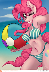 Size: 1500x2167 | Tagged: safe, artist:gingerbreadarts, pinkie pie, earth pony, anthro, g4, armpits, beach, beach ball, bikini, breasts, busty pinkie pie, clothes, female, looking at you, one eye closed, pinup, solo, striped swimsuit, swimsuit, wink