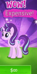 Size: 260x516 | Tagged: safe, edit, edited edit, edited screencap, gameloft, screencap, starlight glimmer, g4, capitalism in the comments, cropped, expensive, greedloft, infinity, meme, sunburst background, wow, wow! glimmer